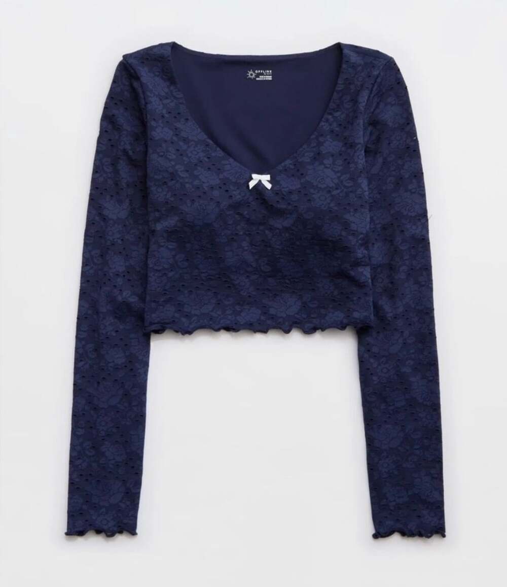 OFFLINE by Aerie Navy Floral Eyelet Lace Cropped Long Sleeve Top Women’s S Y2K